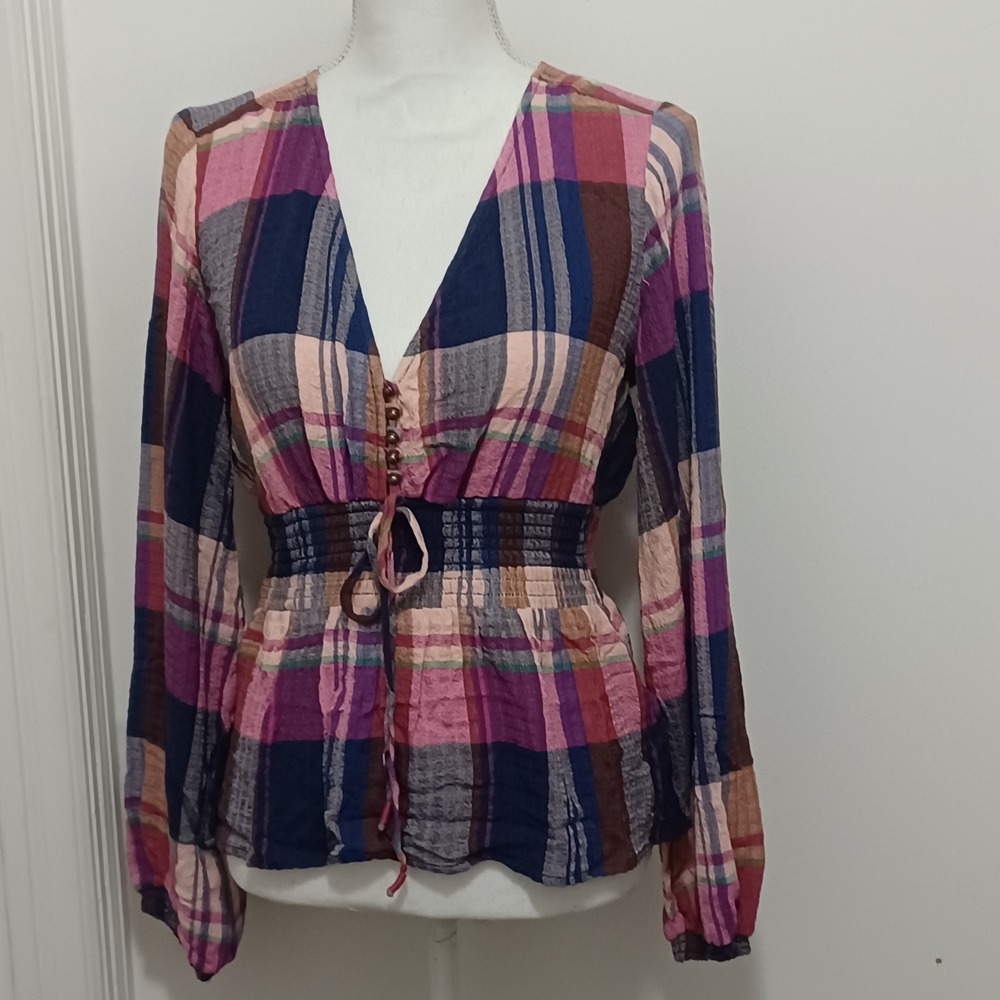 Pilcro Anthropology Boho Top Multi-color Stretch Waist Plaid Sz Sm MSRP $98 NWT